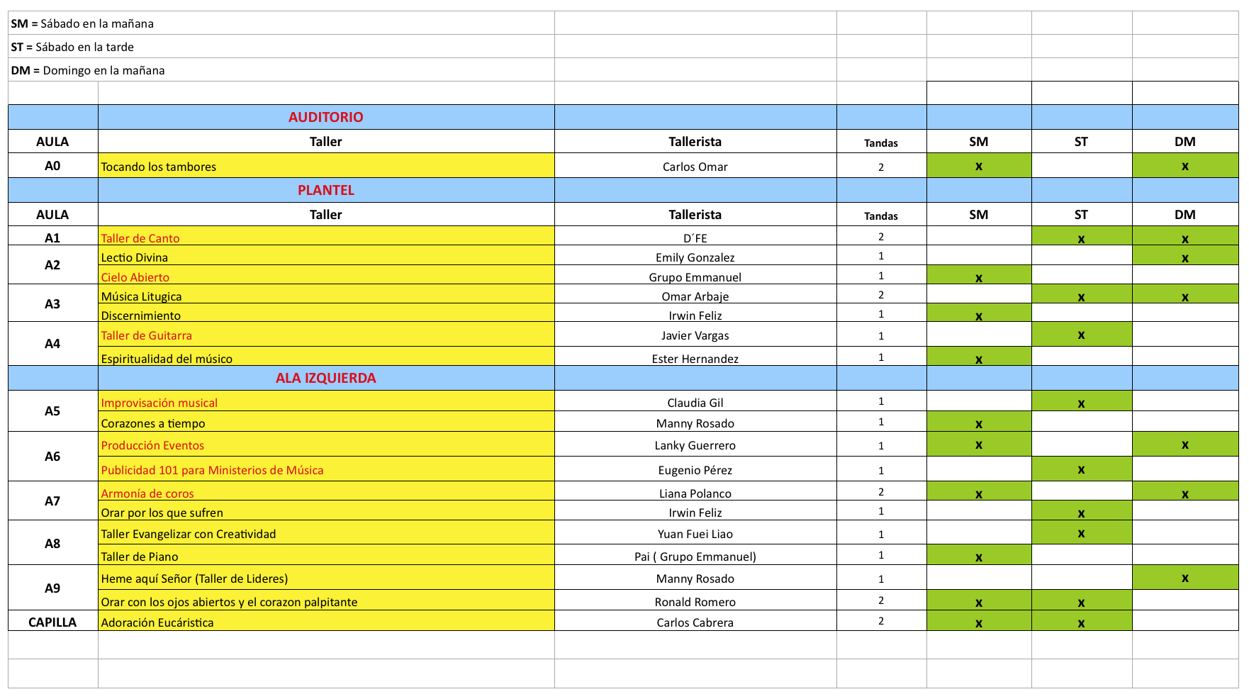 Horarios de talleres